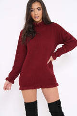 Wine Knitted Ruffle Jumper Dress with Elasticated hems - Velma