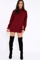 Wine Knitted Ruffle Jumper Dress with Elasticated hems - Velma