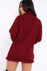 Wine Knitted Ruffle Jumper Dress with Elasticated hems - Velma