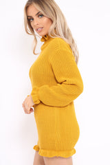 Mustard Knitted Ruffle Jumper Dress with Elasticated hems - Velma