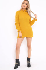 Mustard Knitted Ruffle Jumper Dress with Elasticated hems - Velma
