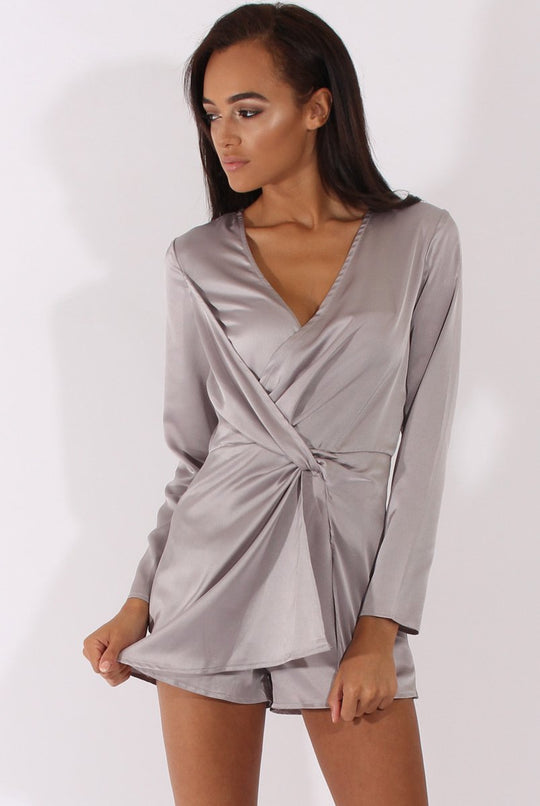 Grey Silky Front Twist Playsuit - Venus