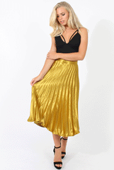 Mustard Metallic Pleated Midi Skirt - Vera