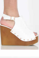 White Pu Wooden Wedge Sandels-  Vera
