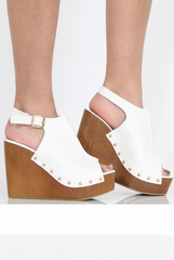 White Pu Wooden Wedge Sandels-  Vera