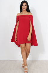 Red Off The Shoulder Cape Dress-Verity