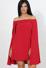 Red Off The Shoulder Cape Dress-Verity