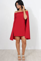 Red Off The Shoulder Cape Dress-Verity