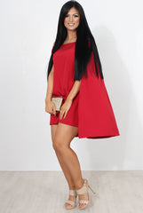 Red Off The Shoulder Cape Dress-Verity