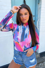 Mutli Abstract Print High Neck Bodysuit - Verity