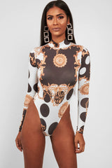 White Chain Print Slinky High Neck Bodysuit - Abira