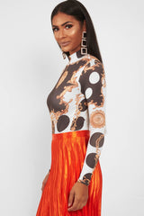 White Chain Print Slinky High Neck Bodysuit - Abira