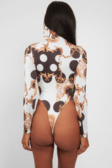 White Chain Print Slinky High Neck Bodysuit - Abira