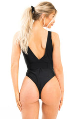 Black Extreme Plunge Belted Swimsuit - Elvi