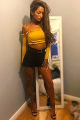 Mustard Ribbed Frill Bardot Crop Top - Cassidy