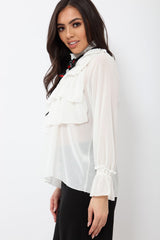 White Sheer Ruffle Blouse with Striped Neck Tie - Viktoria