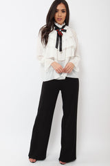 White Sheer Ruffle Blouse with Striped Neck Tie - Viktoria