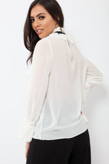 White Sheer Ruffle Blouse with Striped Neck Tie - Viktoria