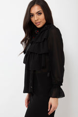 Black Sheer Ruffle Blouse with Striped Neck Tie - Viktoria
