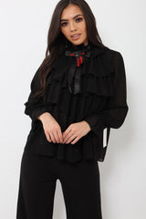 Black Sheer Ruffle Blouse with Striped Neck Tie - Viktoria