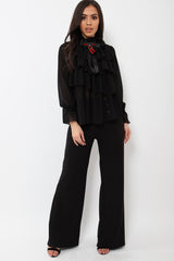 Black Sheer Ruffle Blouse with Striped Neck Tie - Viktoria