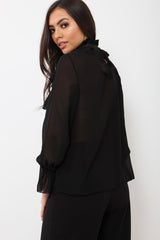 Black Sheer Ruffle Blouse with Striped Neck Tie - Viktoria