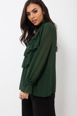 Green Sheer Ruffle Blouse with Striped Neck Tie - Viktoria