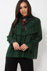 Green Sheer Ruffle Blouse with Striped Neck Tie - Viktoria