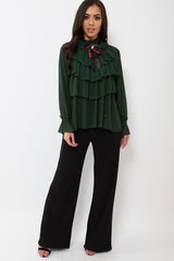 Green Sheer Ruffle Blouse with Striped Neck Tie - Viktoria