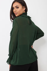 Green Sheer Ruffle Blouse with Striped Neck Tie - Viktoria