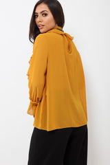 Mustard Sheer Ruffle Blouse with Striped Neck Tie - Viktoria