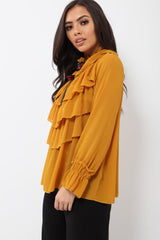 Mustard Sheer Ruffle Blouse with Striped Neck Tie - Viktoria