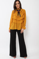 Mustard Sheer Ruffle Blouse with Striped Neck Tie - Viktoria