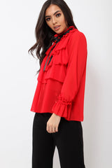 Red Sheer Ruffle Blouse with Striped Neck Tie - Viktoria