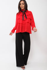 Red Sheer Ruffle Blouse with Striped Neck Tie - Viktoria