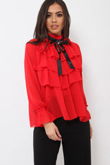Red Sheer Ruffle Blouse with Striped Neck Tie - Viktoria