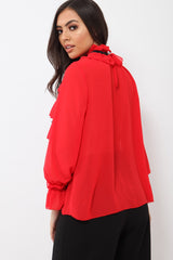 Red Sheer Ruffle Blouse with Striped Neck Tie - Viktoria