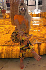 Orange Camo Printed Cargo Trousers - Vivi