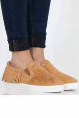 Camel Suede Fringe Studded Skaters - Vivian