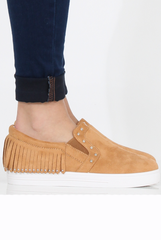 Camel Suede Fringe Studded Skaters - Vivian