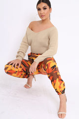 Orange Camo Printed Cargo Trousers - Vivi