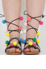 Black Pom Pom Lace Up Sandals - Vixi