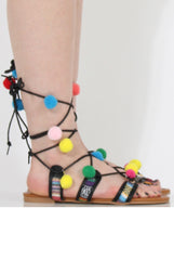Black Pom Pom Lace Up Sandals - Vixi