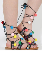 Black Pom Pom Lace Up Sandals - Vixi