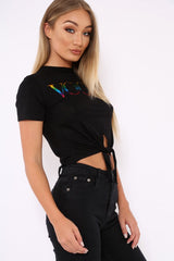 Black Knot Front Rainbow Vogue Slogan Top - Jhenna