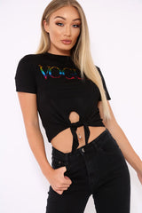 Black Knot Front Rainbow Vogue Slogan Top - Jhenna