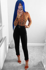 Orange Snake Print Slinky High Neck Bodysuit - Abira