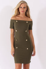 Khaki Bardot Bodycon Button Detail Dress - Wallis