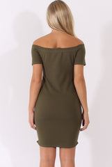 Khaki Bardot Bodycon Button Detail Dress - Wallis