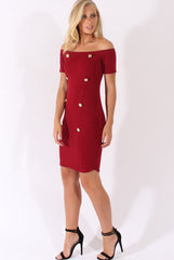 Wine Bardot Bodycon Button Detail Dress - Wallis